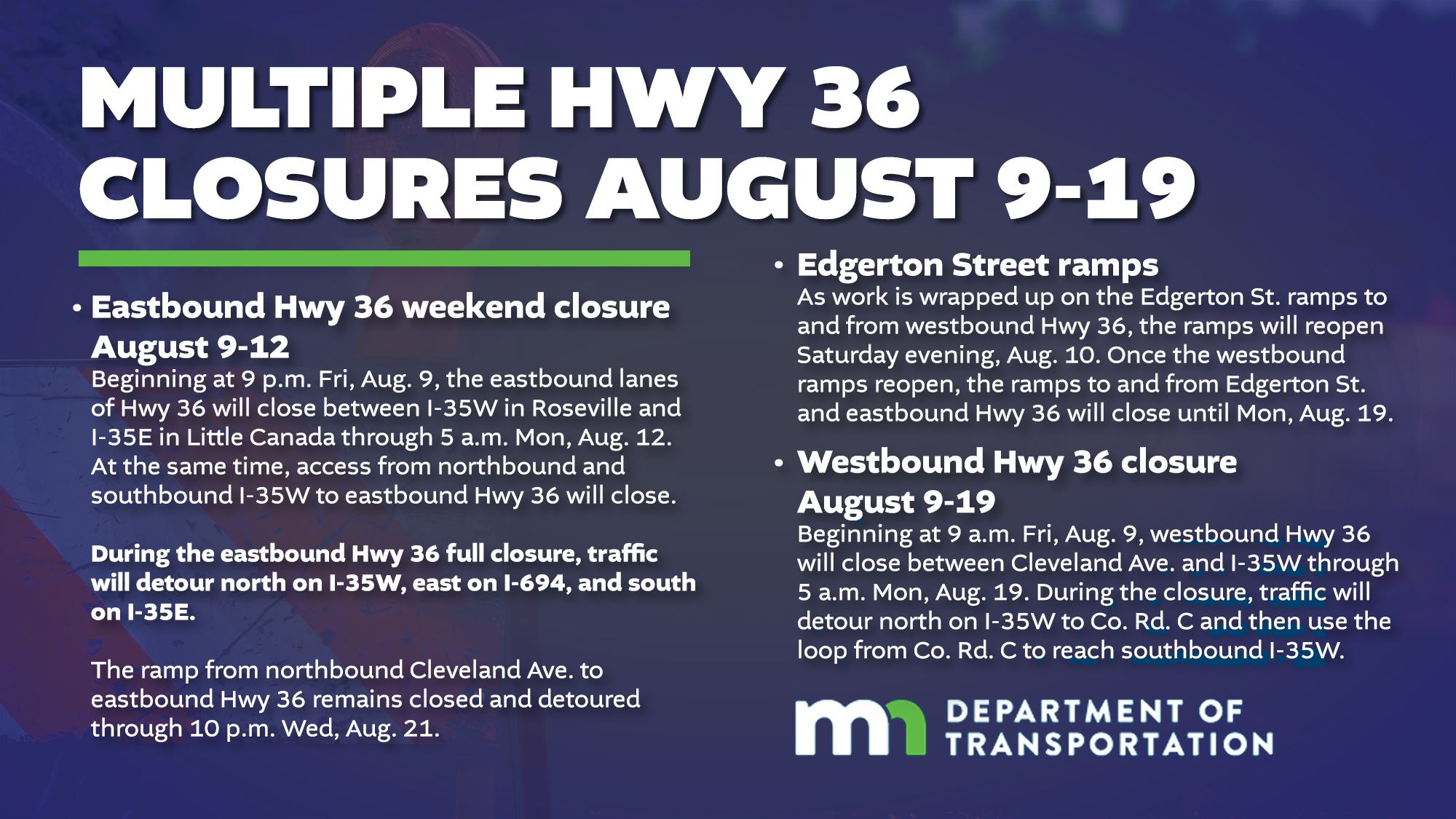 Multiple construction closures are coming this weekend on HWY 36 in Roseville. (MNDOT)